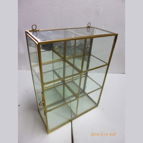 3 tier wall hanging rectangle clear glass cabinet with brass frame in clear